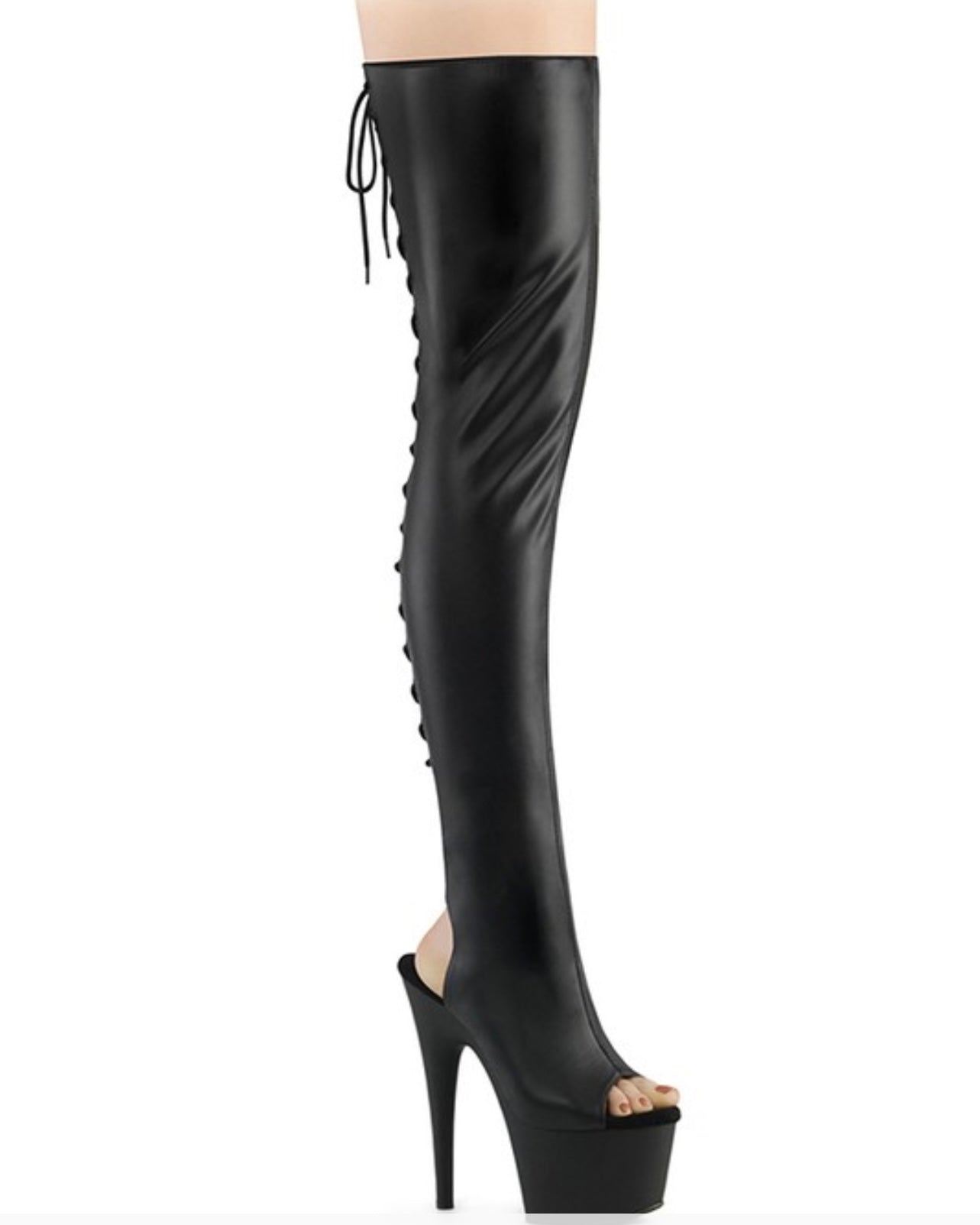 Black Faux Leather Thigh High Tie Boots
