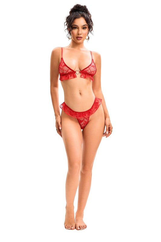 Red Laced Thong and Bra Set