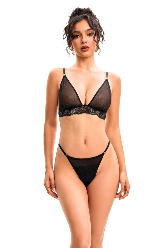 Black Mesh Laced Trimmed Thong Panty and Bra